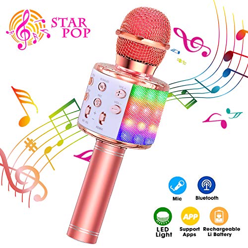 BlueFire Karaoke Mikrofon, Bluetooth Mikrofon Kinder, Tanzen LED Lichter Drahtlose Tragbares Microphon mit Lautsprecher Aufnahme für Erwachsene und Kinder, Kompatibel mit Android IOS PC (Roségold)